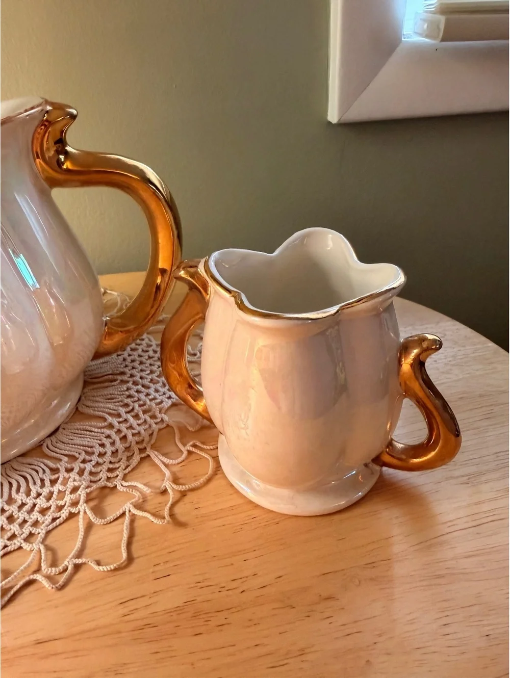 Vintage Ceramic Tea Set with Gold Accents - Teapot and Creamer Pitchers